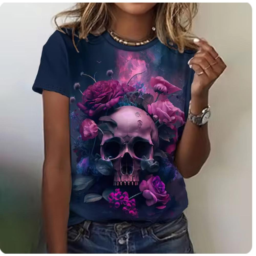 Summer Horror Skull Gothic Style 3D Printed Women's Street Round Neck Short Sleeved T-shirt