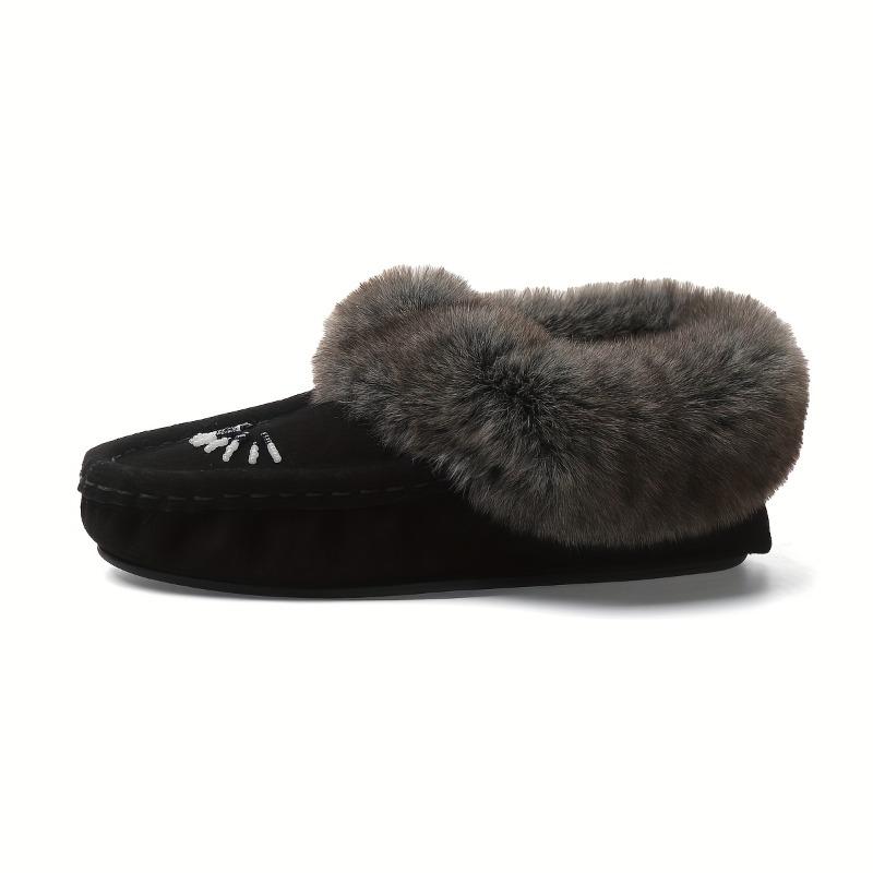 Women's Faux Fur Slippers - All-Season Cozy Moccasins with Petal & Leaf-like Embellishment, Soft TPR Sole & Faux Cover-like Upper, Beige