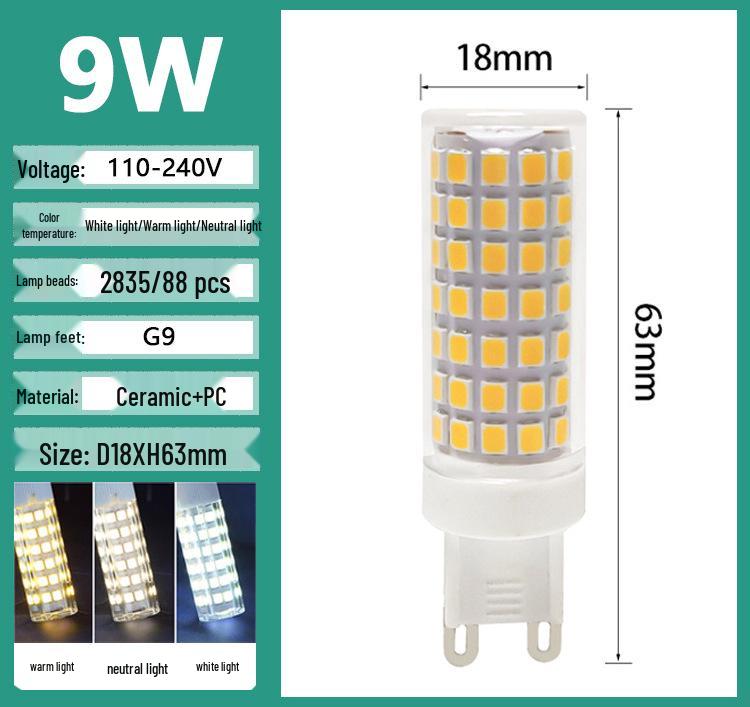 G9 LED G4 Pin Bulb, High Brightness, Energy-Saving, Flicker-Free, 220V Ceramic Tricolor Corn Light.