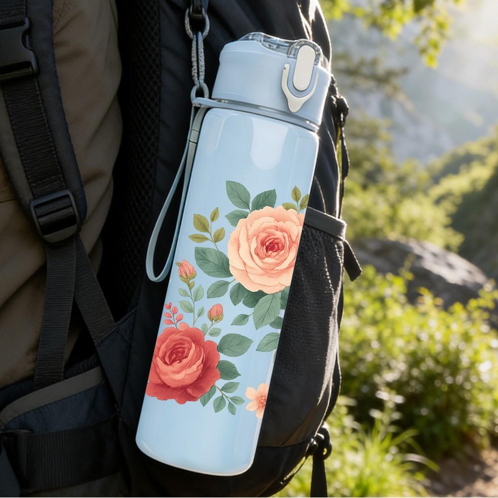 1PC Red Rose Floral Bouquet Art 750ml Color Plastic Sports Water Bottle Leakproof Flip Straw Lid Suitable for Sports Office Home Use