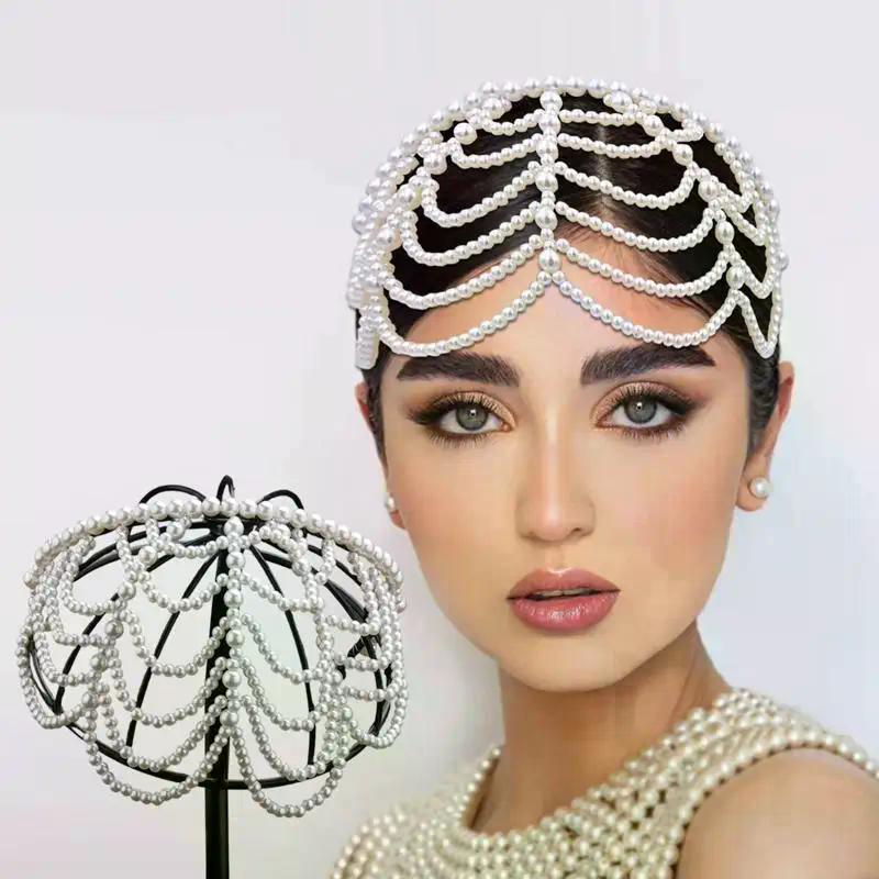 1Pc New Arrival Pearl Beaded Hollow Out Tassel Headband Forehead Decor Headwear Daily Style Hot Style Hair Accessories
