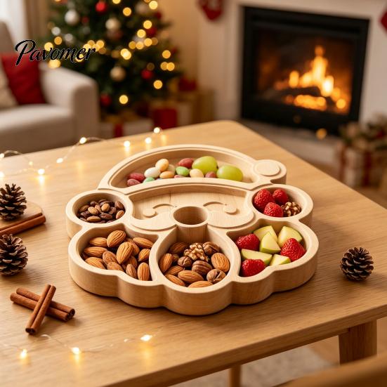 Solid Wood Fruit Bowls Wooden Christmas Divided Tray, Gingerbread Man Santa Xmas Tree Compartment Snack Rustic Kitchen Table Decor Platter,