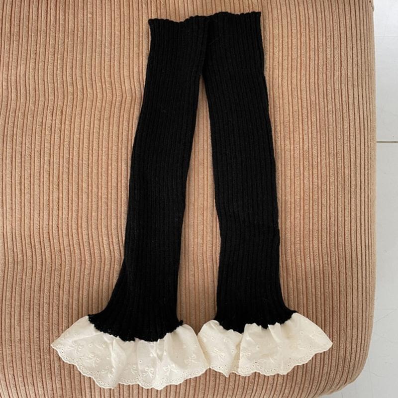 Ribbed Knitted Vertical Striped Leg Warmers Boot Cuffs Cute Ruffled Lace Hem Leg Covers Over Calf Long Socks for Women