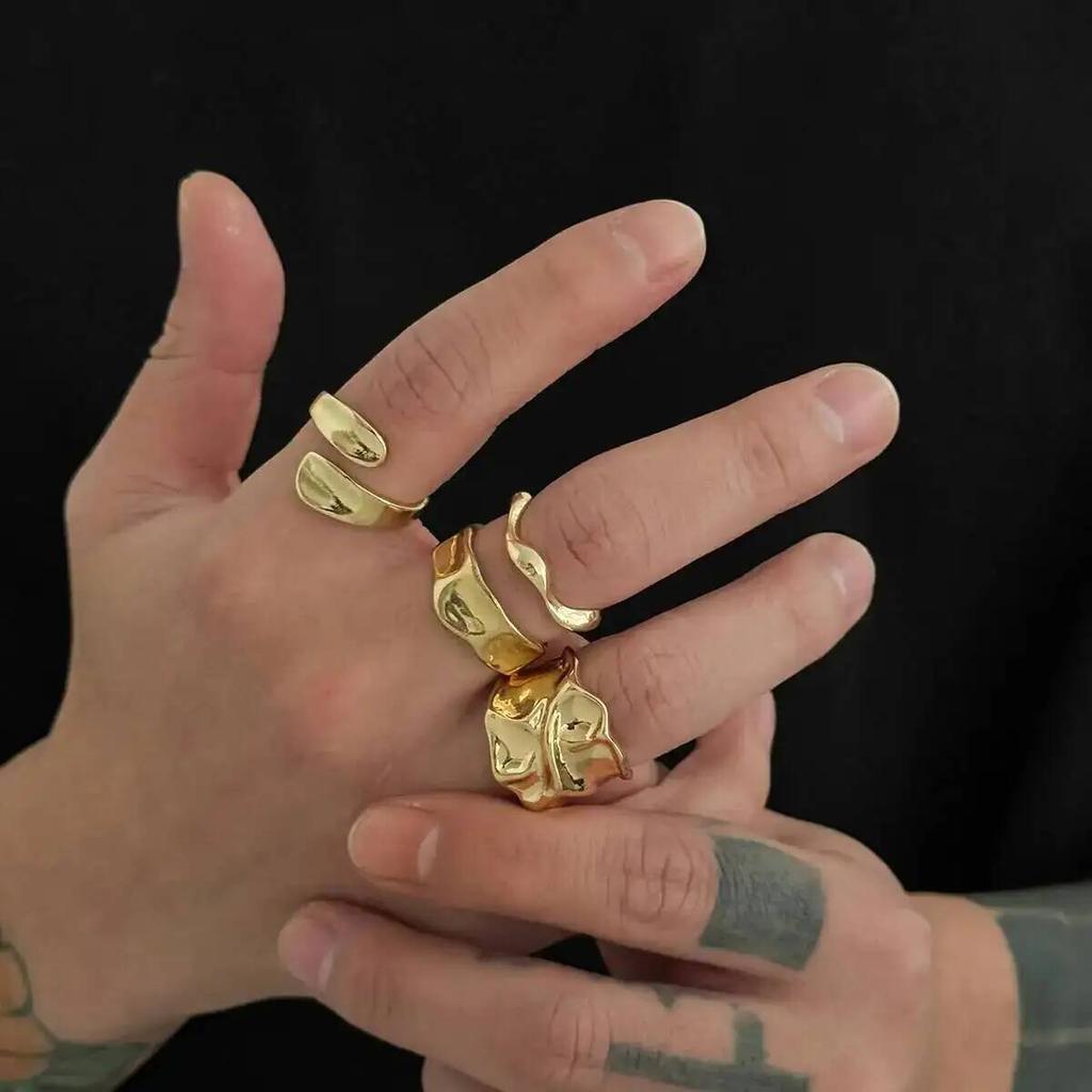 SHIXIN 3 Pcs/set Punk Chunky Irregular Rings for Men Women Geometric Adjustable Liquid Metal Open Finger Rings Statement Jewelry