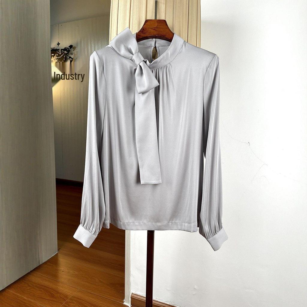 Women's Elegant Stand Collar Silk Bow Blouse, Long Sleeve, Mulberry Silk Ribbon, Commuting Style