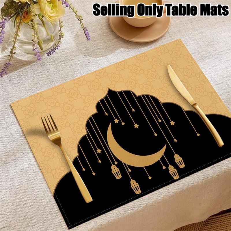 4/2 Stück Happy Ramadan Laterne und Mond Tischsets Festliche Atmosphäre Dekoration Leinen Tischgeschirr Matte Hitzebeständig