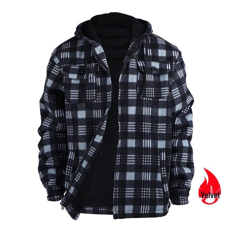 

European Size Men s Fleece-lined Sweatshirt Jacket - Striped Plaid Teen Hoodie for Winter Large