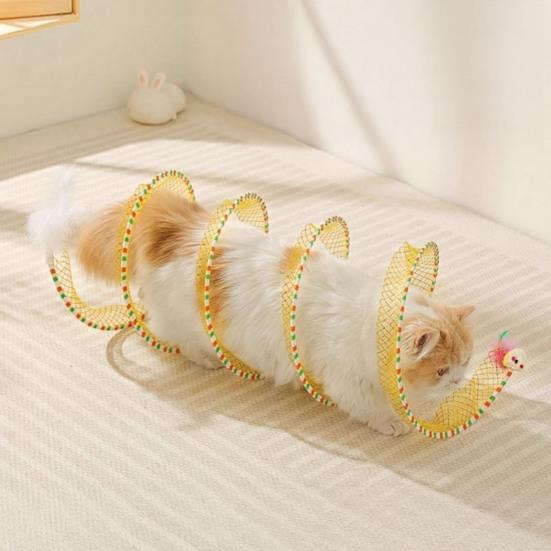 Cat Tunnel Toy Spiral Kitten Toy Foldable Design Easy To Install Interactive Spiral Cat Tunnel with Feather Toy