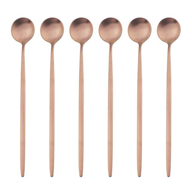 6Pcs/Set Black Long Handle Cutlery Matte Stainless Steel Spoons Polished Stirring Drink Ice Cream Dessert Tea Spoons Dinnerware