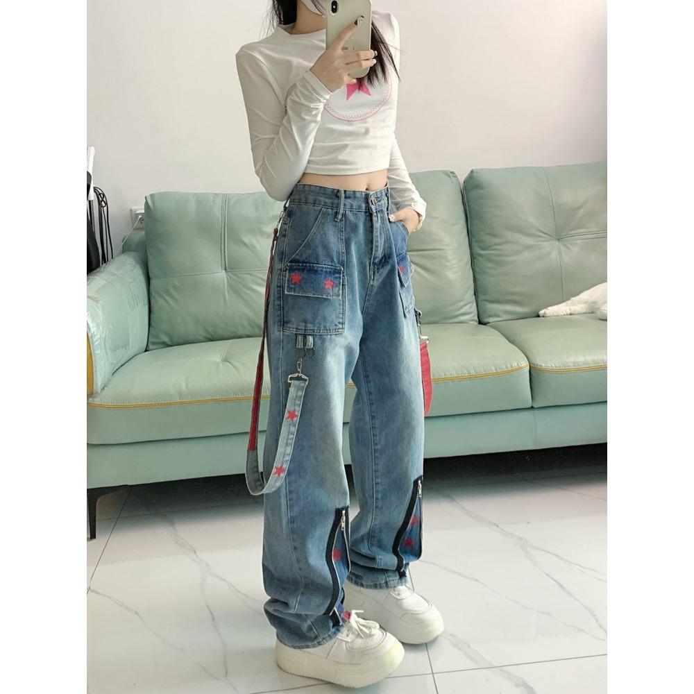 Straight Retro Zipper Star Work Jeans for Men and Women High Street Wide Leg Pants