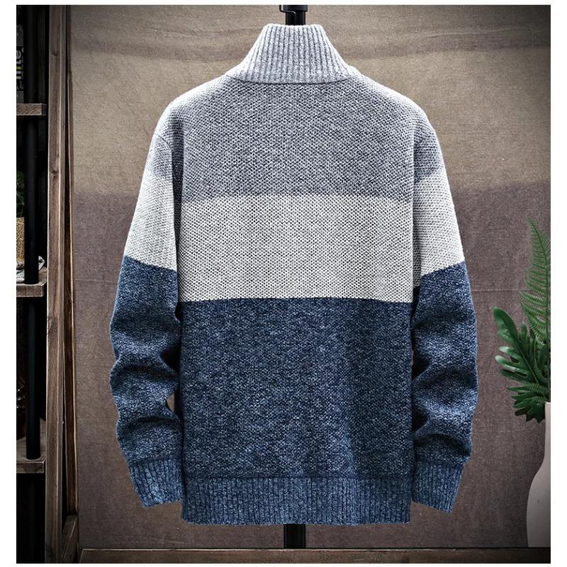 Autumn Winter Cardigan Sweater Men Fleece Zipper Sweaters Velvet Contrast Striped Sweater Coats Casual Jackets