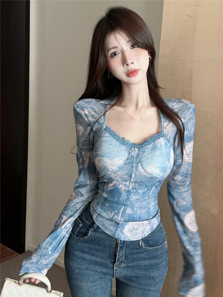 Frühling Y2k Ästhetische Tie-Dye Druck Tops Spitze Bodenbildung Crop Tops Streetwear Harajuku Frauen Vintage Sexy Grunge T-shirt Tees