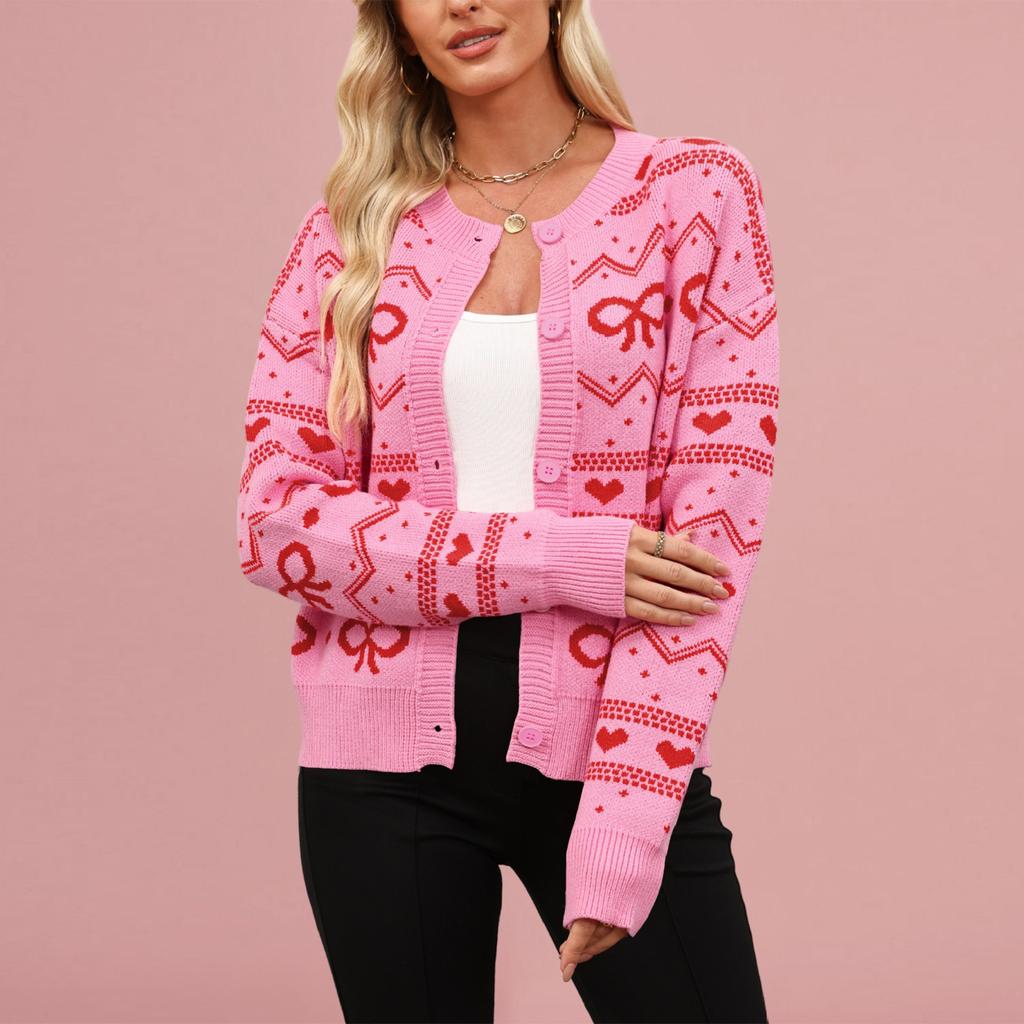 Women's Fashionable Round Neck Long Sleeved Heart-shaped Contrasting Button Casual Sweater Jacket