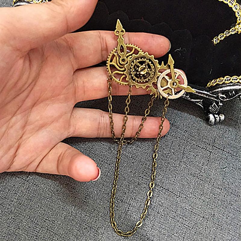 Retro Steampunk Gear Brooches Gear Tassel Chain Lapel Pins Men Shirt Suit Badge Jewelry Accessories