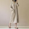 Abito midi in cotone e lino taglie forti da donna con tasche - Abito artistico vintage a maniche lunghe in stile giapponese per donne taglie forti