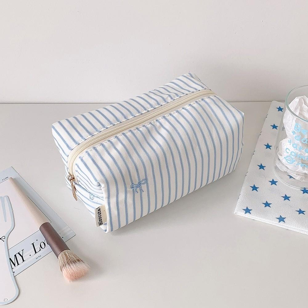 Large Capacity Cosmetic Bag Striped Bow Embroidery Pen Bag Portable Makeup Pouch