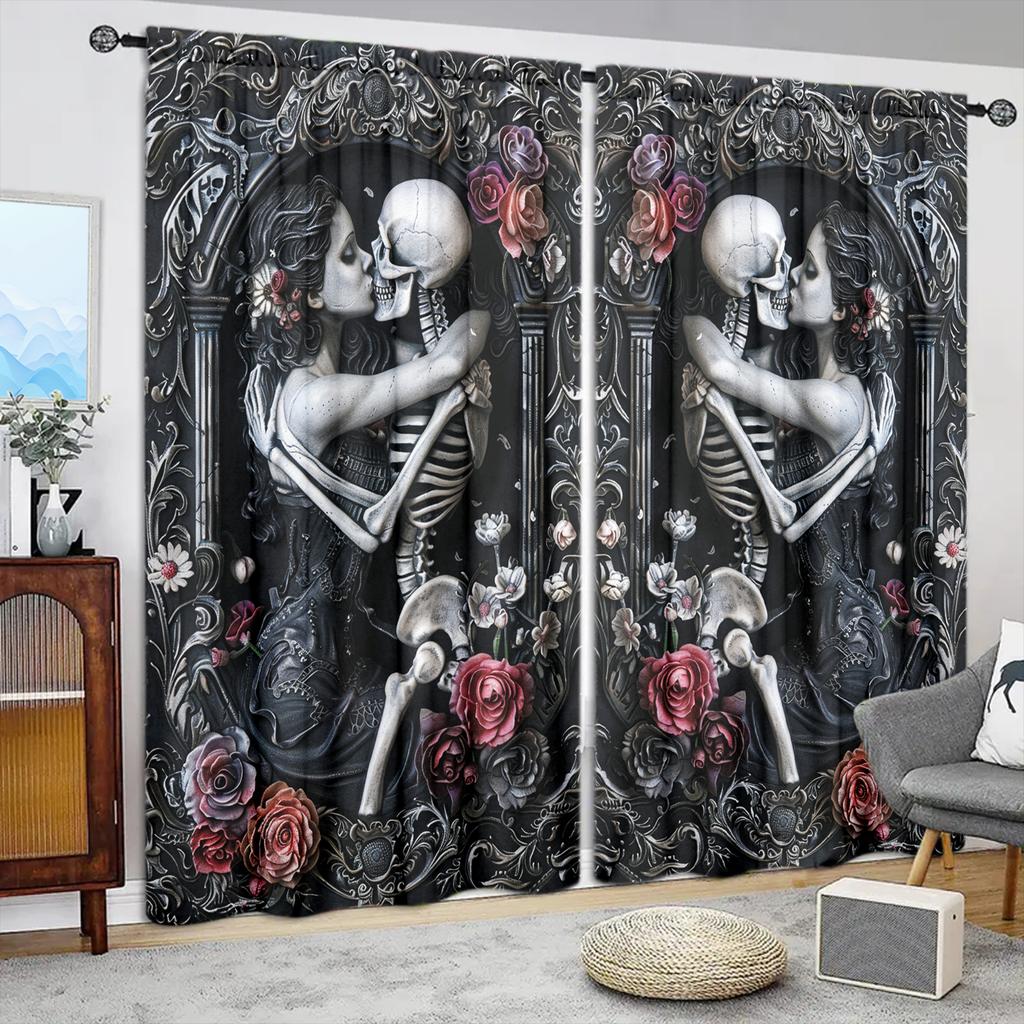 2 Stück Skelett-Ästhetik Bedruckter Vorhang für Heimdekoration - Stangentaschen-Fensterbehandlung für Schlafzimmer, Büro, Küche, Wohnzimmer