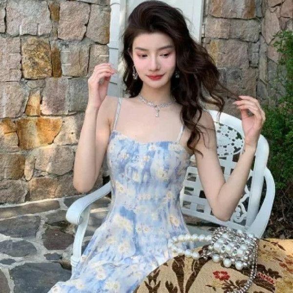 French Blue Oil Painting Long Dress Seaside Vacation Beach Dress Floral Suspender Dress Women's Spring High-end Women's Clothing