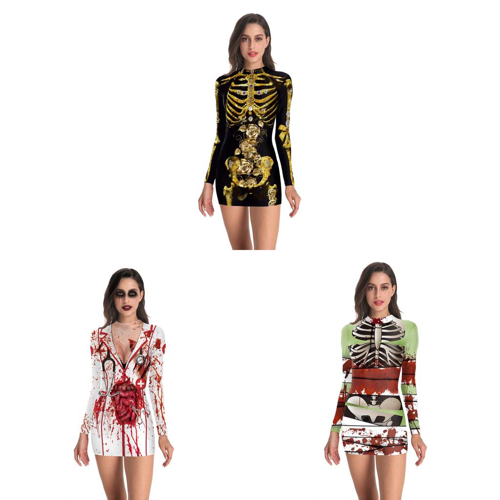 Halloween Nurse Costume Dress With Printed Pattern For Cosplay Parties
