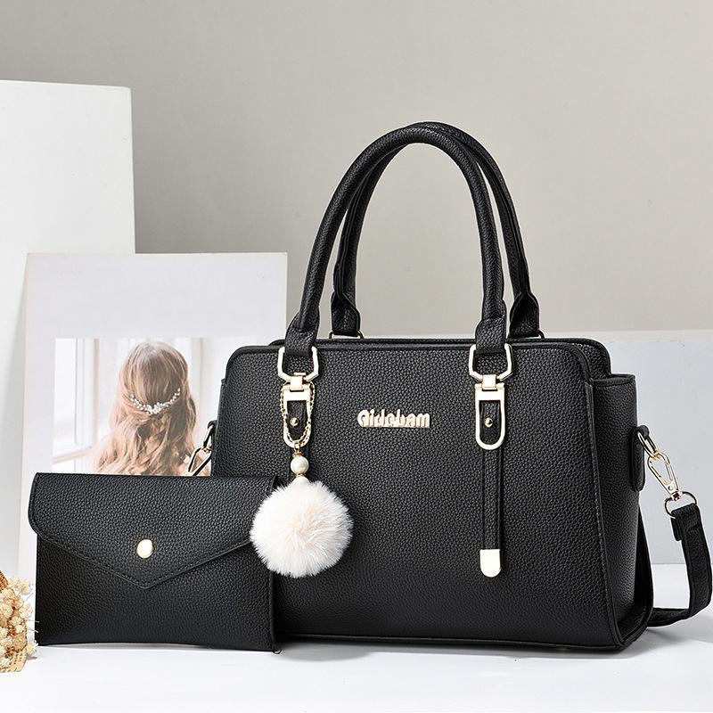 2 Stück Neue Handtasche mit großem Fassungsvermögen PU Wasserdichtes Mehrfach-Reißverschlussfach Schultertasche Temperament Pendler Vielseitig Pompon-Anhänger Umhängetasche