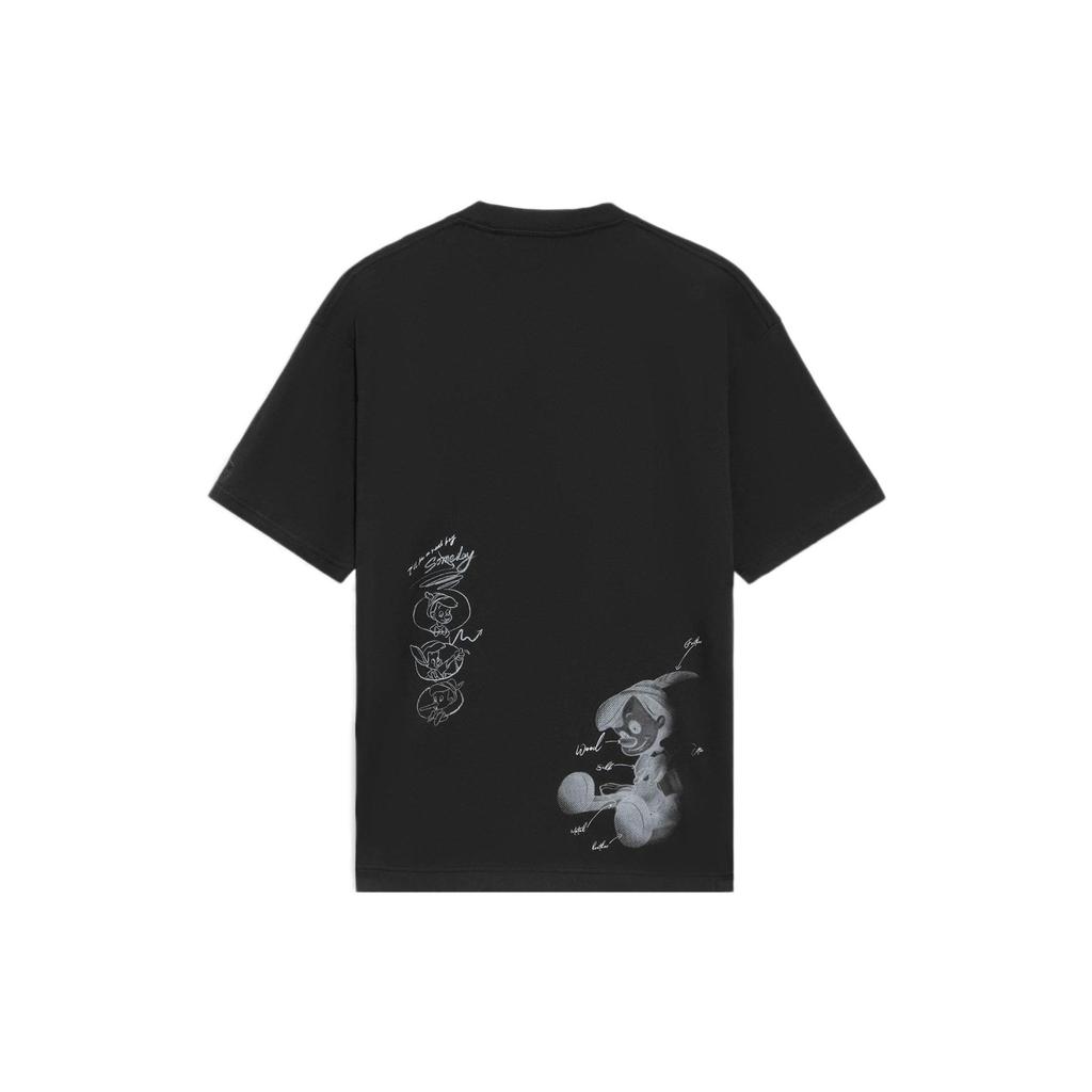 Li-Ning Disney Pinocchio Series Hand-Painted Cartoon Print Casual Loose T-Shirt Men Tops Black AHSS451-5