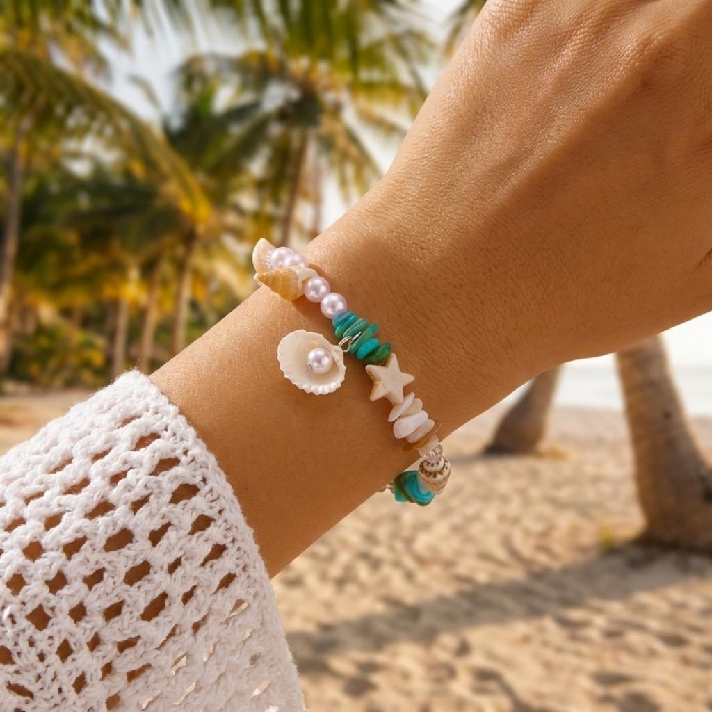 Shell Crushed Stone Imitation Pearl Star Conch Bracelets For Women Men Boho Starfish Bangle Ocean Beach Vacation Summer Jewelry