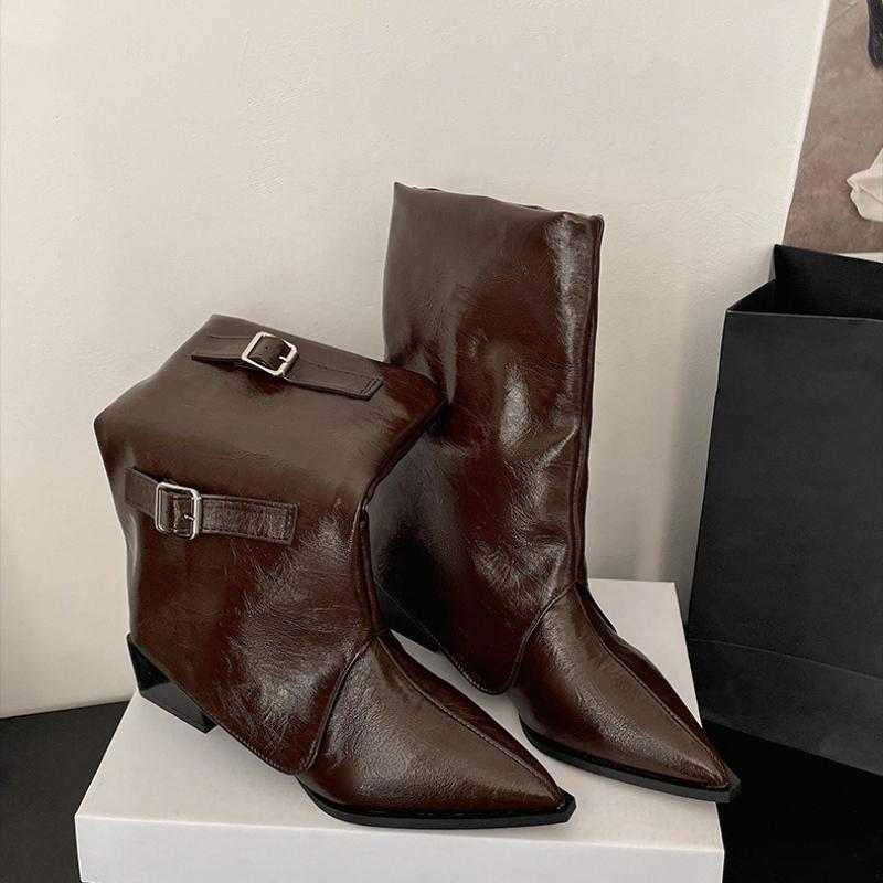 

Осень Зима Женские Ботильоны на Толстом Каблуке Модные Ботинки с Пряжкой на Ремне с Заостренным Носком Femmes Плиссированная Голенище Короткие Ботильоны Женские 35