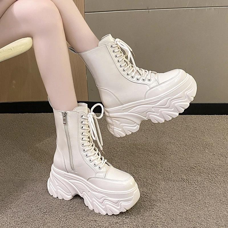 Fashion Punk Super High Platform Boots Women Chunky Heels Lace Up Motorcycle Boots Woman Black White Thick Bottom Ankle Booties Female