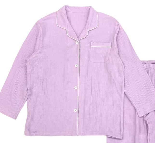 Takihyo Double Long Open with Pants Pockets Women's Pajamas, 100% Cotton, Gauze, Wrinkle-Finish, Sleeves, Front, Loungewear,