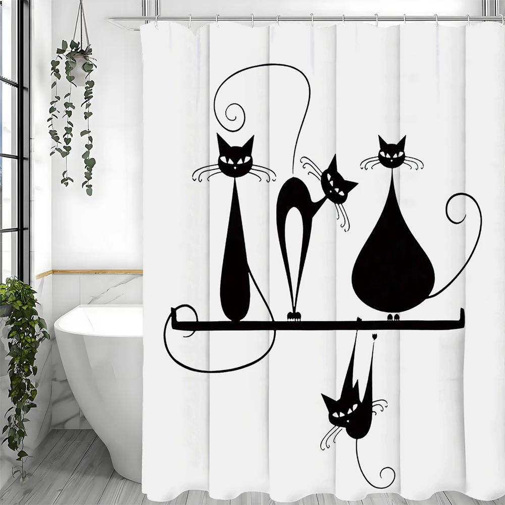 Black Cartoon Cat Shower Curtain, Bathroom Decorative Shower Curtain, Waterproof Shower Curtain with Hooks