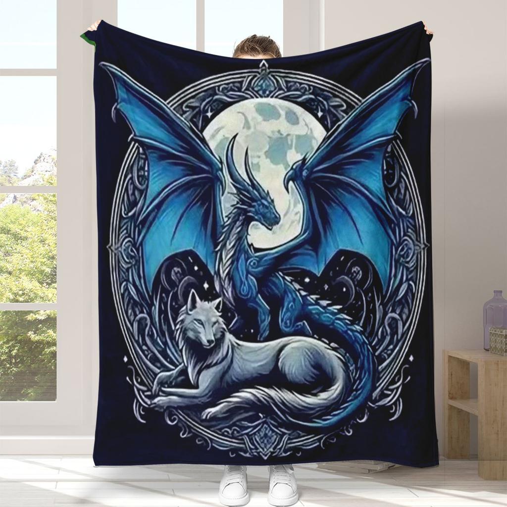 Contemporary Fantasy Flannel Blanket, Flying Dragon Wolf Print, Blue White Geometric Design,Soft All-Season Throw for Home Decor