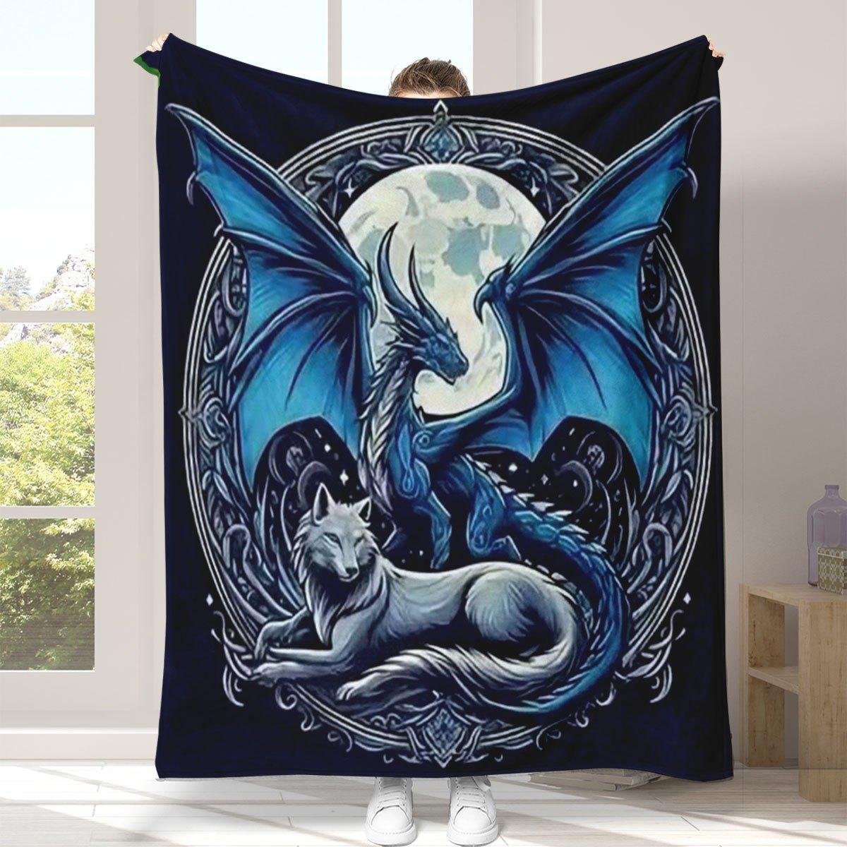 

Contemporary Fantasy Flannel Blanket, Flying Dragon Wolf Print, Blue White Geometric Design,Soft All-Season Throw for Home Decor 75x90cm