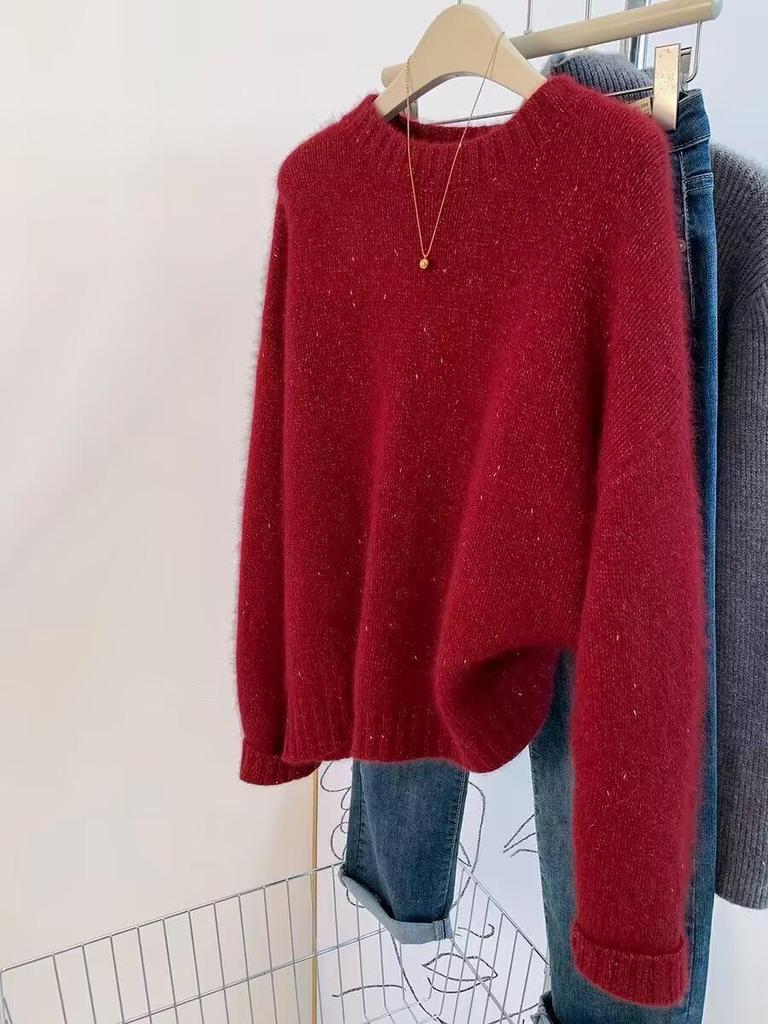 European Style Women's Red Silk Wool Sweater - 100% Pure, High-End Loose Fit, Round Neck Knit for New Year Zodiac