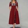 Casual Women Irregular Plaids Button Maxi Dress Half Sleeve Plus Dress Size