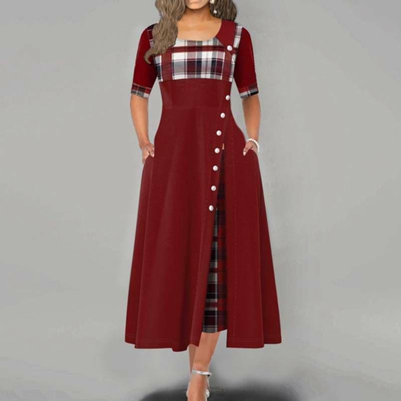 Casual Women Irregular Plaids Button Maxi Dress Half Sleeve Plus Dress Size