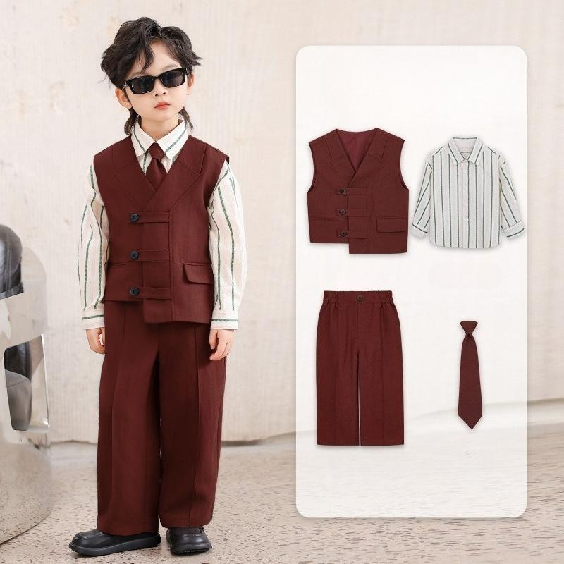 Boys Formal Suit Set 4 Piece School Kids Vest Shirt Pants Tie Gentleman Outfit for Wedding Party Birthday Photoshoot Performance 2-12Y