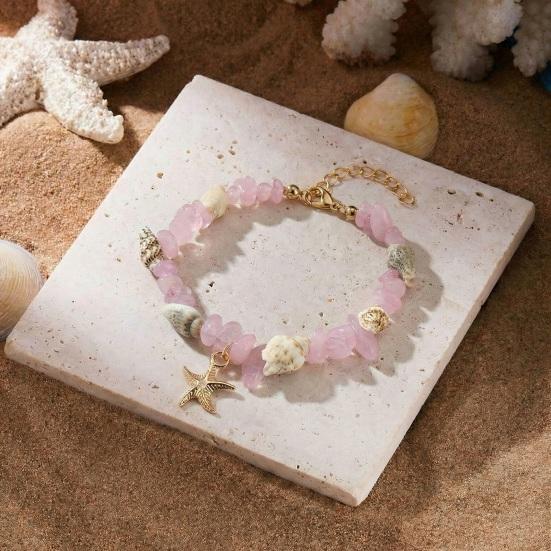 Starfish Conch Stone Beaded Bracelets Simple Beads Bracelets Adjustable Length Bracelets Sea Themed Beach Jewelry for Women Girls