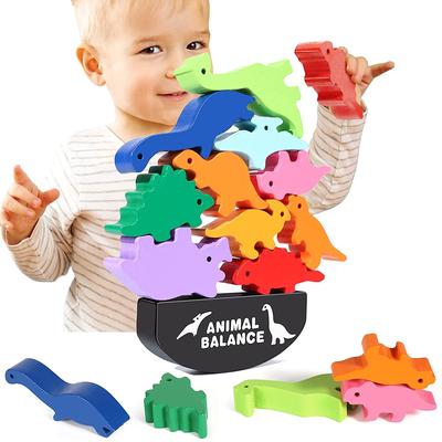 Jouets de dinosaures empilables en bois pour les tout-petits de 1, 2 et 3 ans, jouets éducatifs en bois Montessori, jouet d'équilibre empilable de dinosaures, blocs d'empilage préscolaire