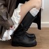Leather thick-soled round-head retro belt buckle rubbed long boots women's autumn and winter medium and high boots knight boots