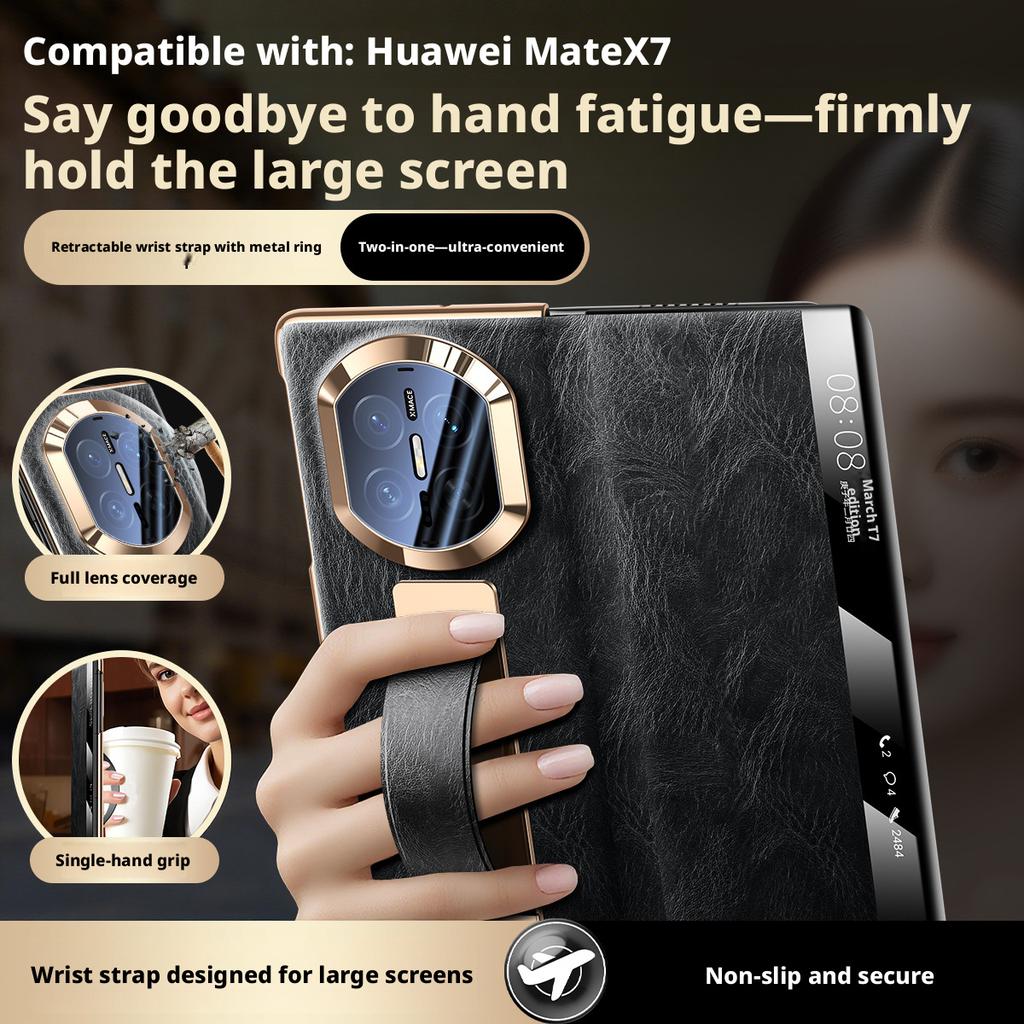 Wristband Ring Case For Huawei Mate X7 X6 X5 Premium Luxury Genuine Leather Magnetic Flip Smart Window Full Protection Cover