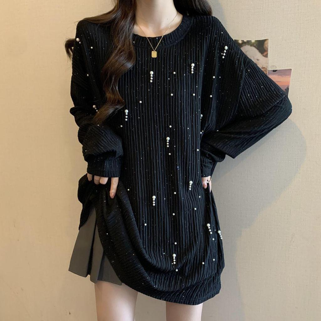 Plus Size Hand-Beaded Long-Sleeve Textured Starry Sky Top - Slimming & Flaw-Hiding