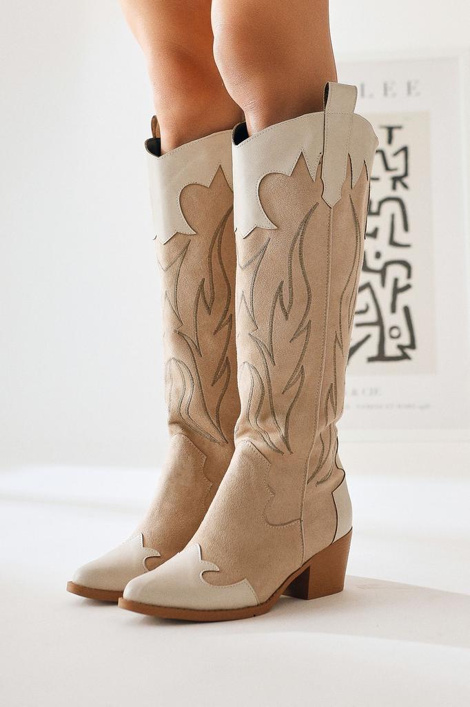 Women Modern Stylish Fashion Boots Boots Faux Leather Suede Spring Beige Suede Embroidered Leather Detailed Heeled Western Boots