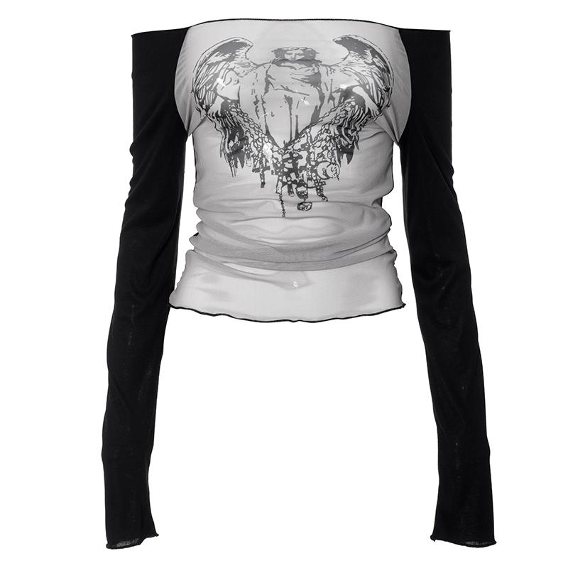 

Y2K сексуальные кружевные сетчатые прозрачные футболки с готическим принтом с длинным рукавом трикотажные топы в стиле пэчворк винтажные женские летние уличные модели S