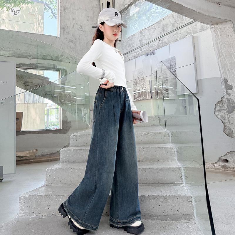 Girls' Wide Leg Jeans - Autumn/Winter 2026, Loose Fit for Junior High Students, Straight Leg