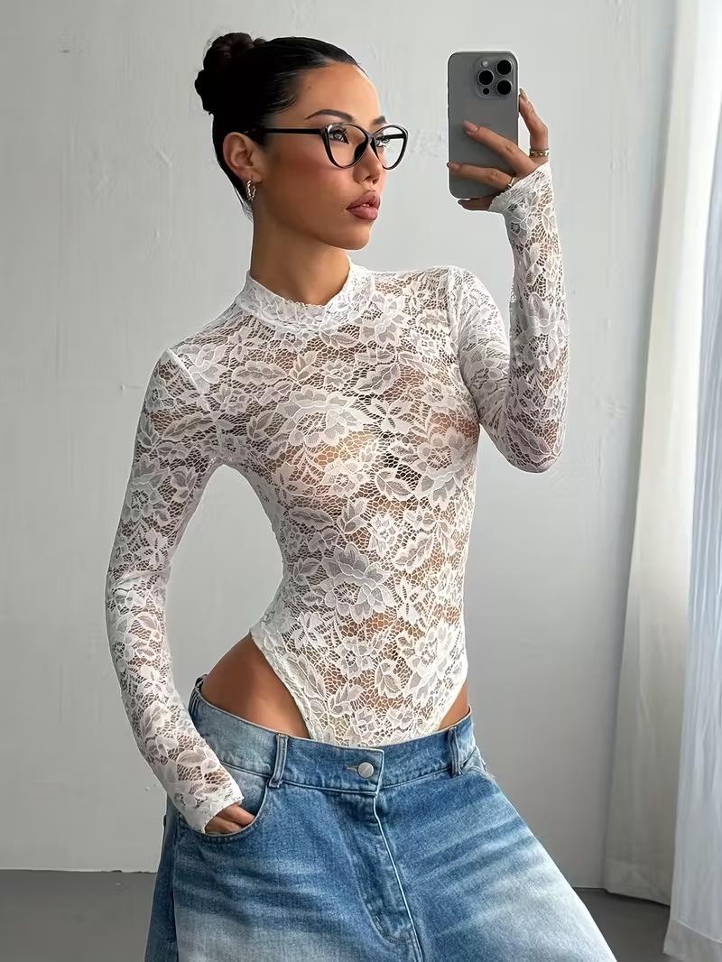 Европейско-американский стиль Кружевной Прозрачный Облегающий Комбинезон с Круглым Вырезом (2025) Extra Large