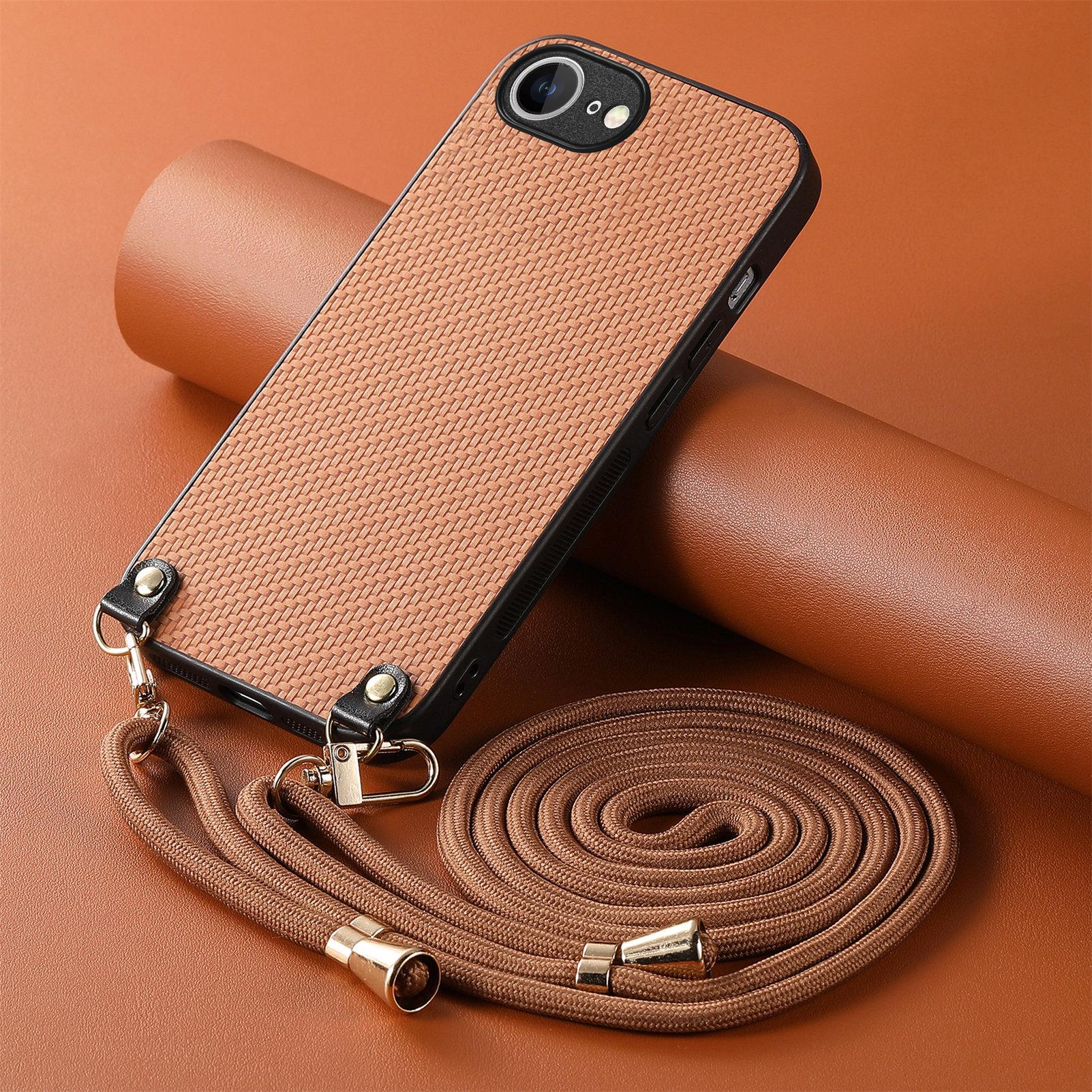 

Crossbody Long Lanyard Carbon Fibre Phone Case For iPhone 16 Pro Max 15 Plus 14 13 12 11 16E Slim Fit SE 2022 Shockproof Cover For iPhone 16 Pro Max коричневый