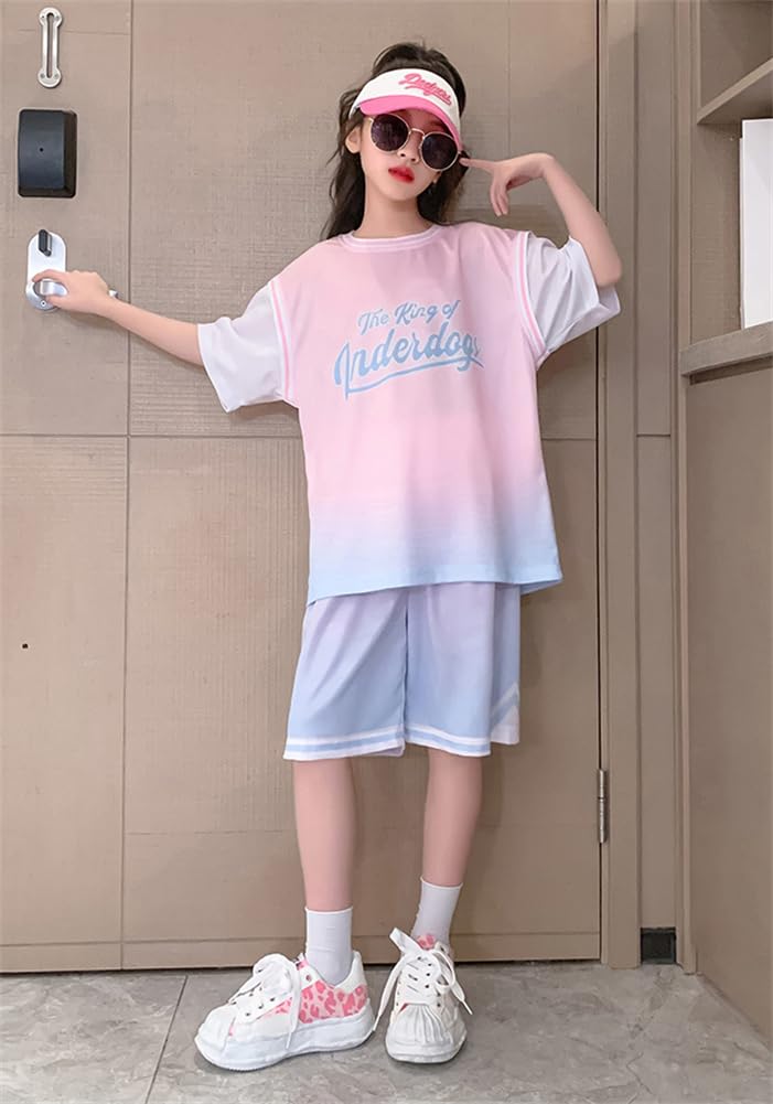 KOSIKINI Short Sleeve and Shorts Korean Loose Resort Sizes Tracksuit Top and Bottoms Cute Clothing Elementary School Girls' T-Shirt Set, Style,