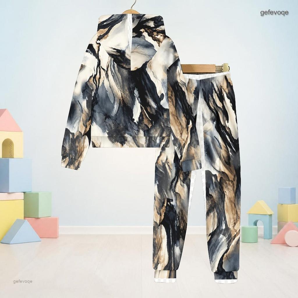 Boys Girls Blue White Printed Hooded Long Sleeve Sweatshirt Cuffed Pants Two Piece Set