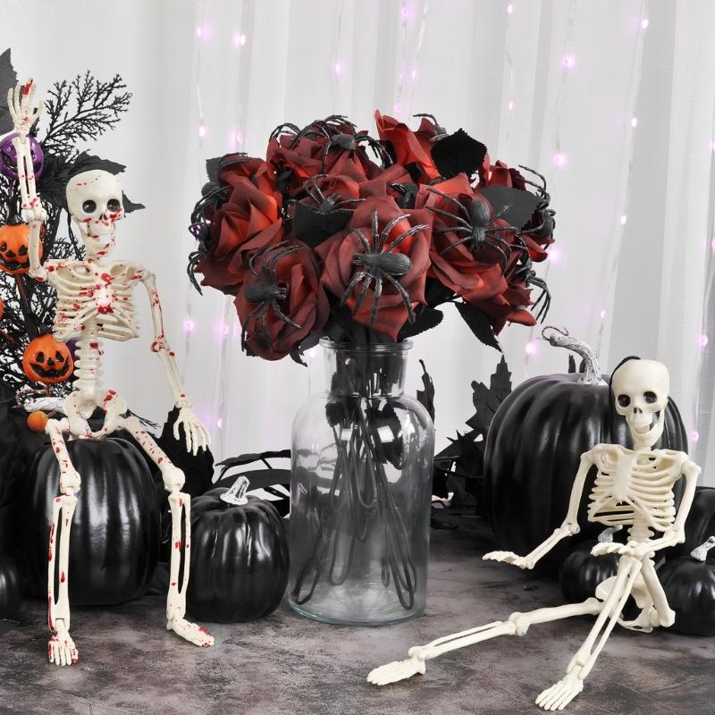 Silk Black Spiders Rose Bouquets Flexible Stalk Floral Arrangement Decoration For Halloween Weddings Event