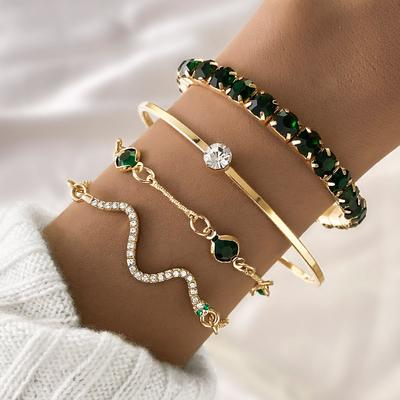 4Pcs/Set Moda Cobra Verde Gemstone Bangle Strass Full Metal Pulseira Para Mulheres Festa de Aniversário Presente de Natal Jóias